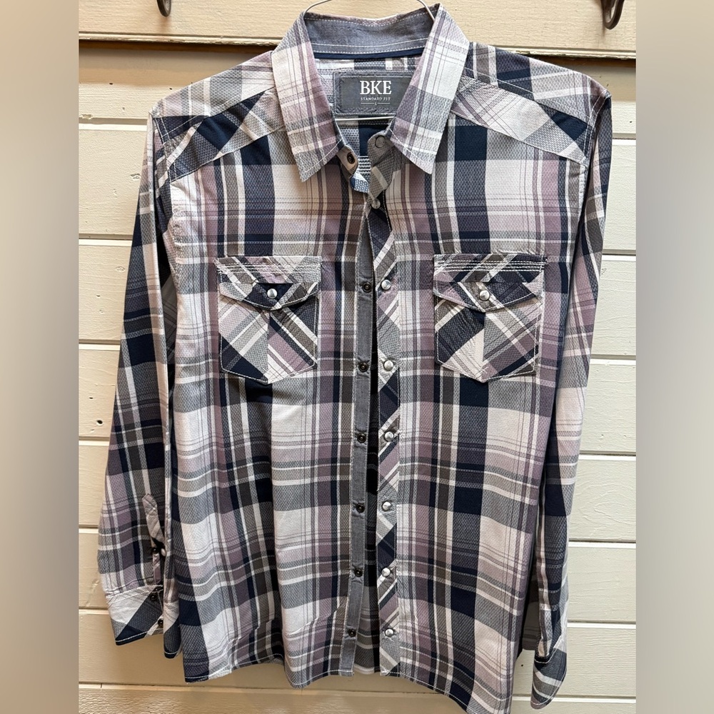 BKE Men's Casual Plaid Shirt - Black, Gray, and Pink